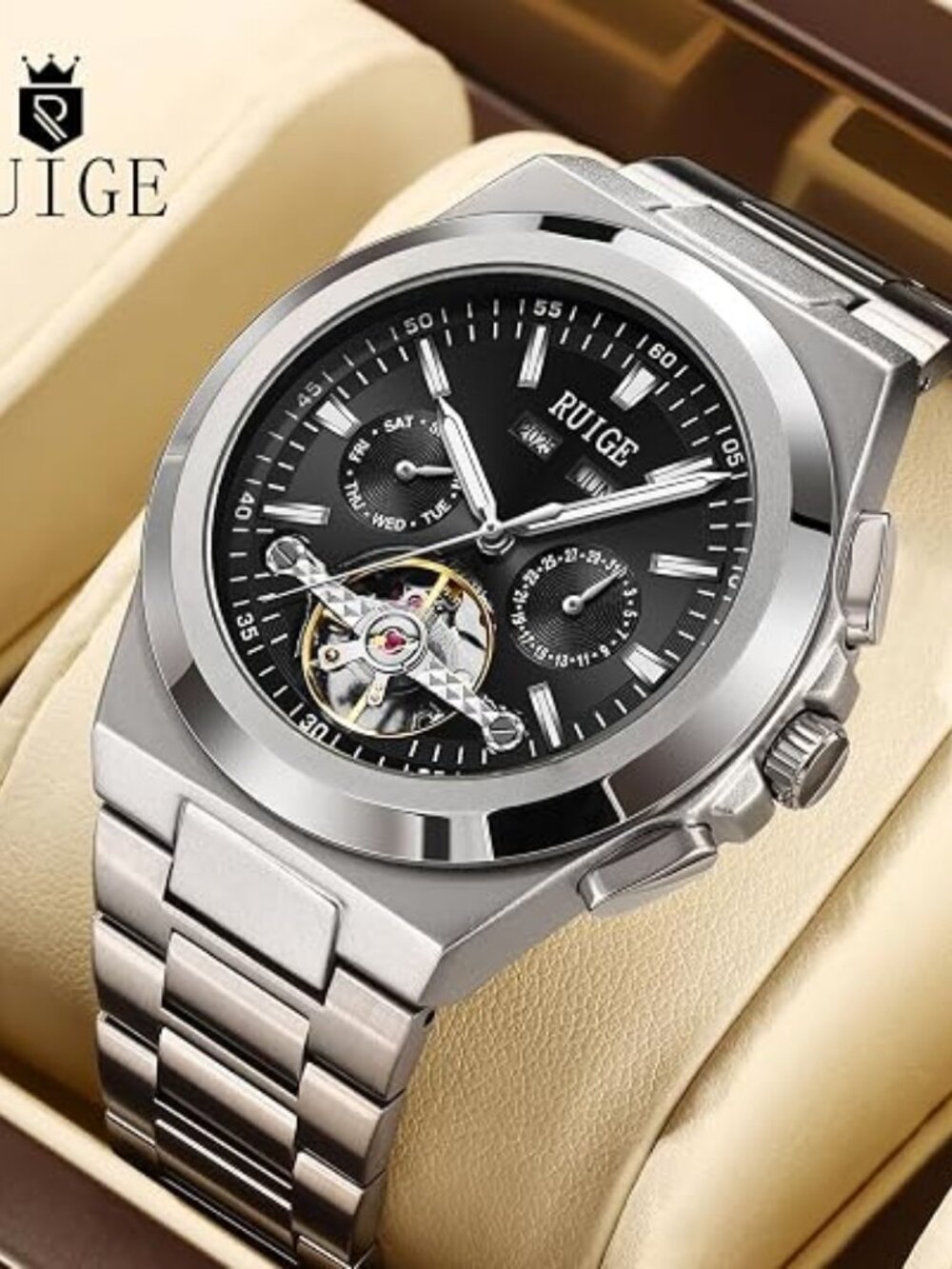 Men's Black Fully Automatic Mechanical 43mm Hollow Skeleton Dial Wrist Watch